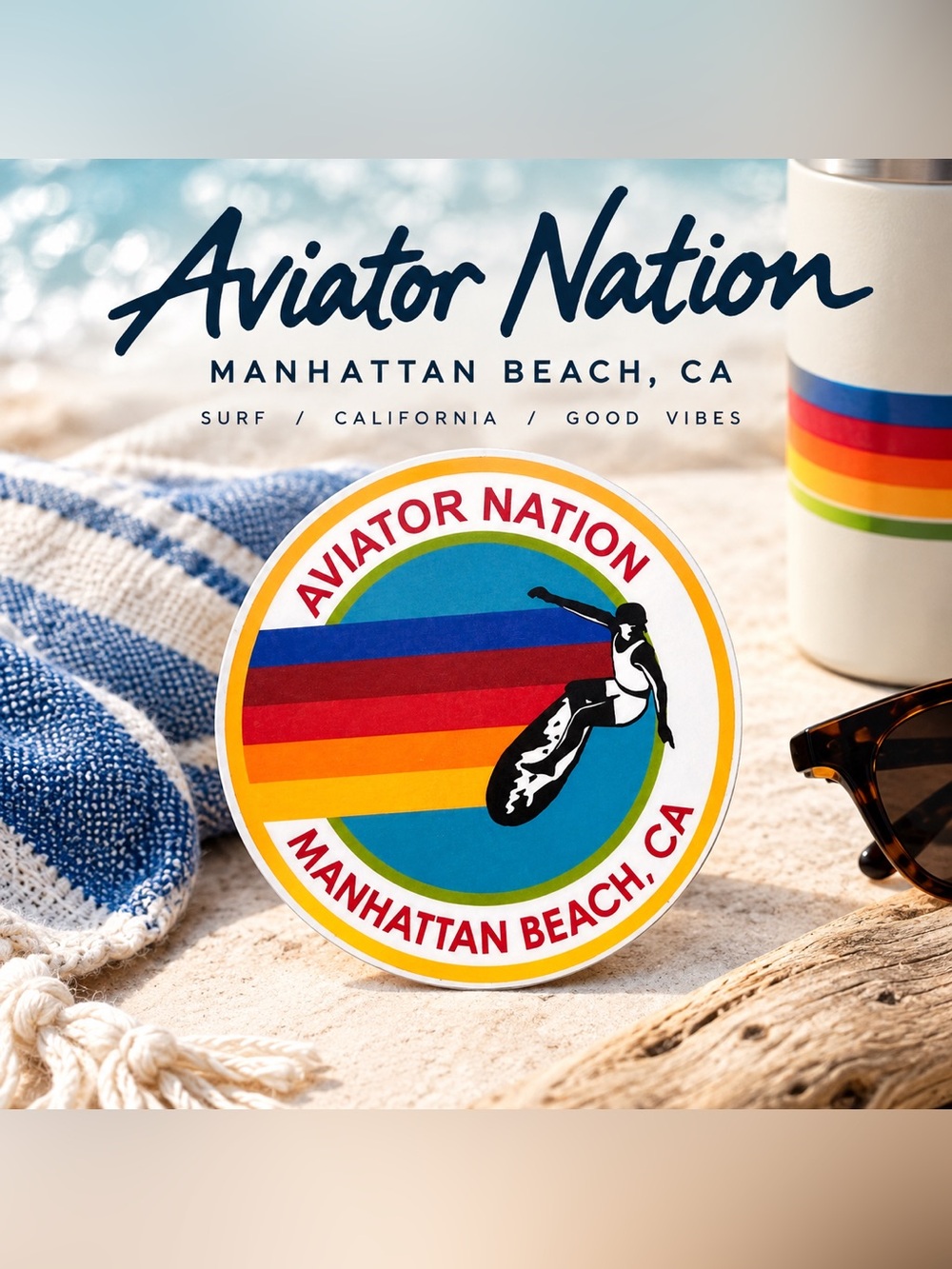 Aviator Nation Manhattan Beach CA Surf Sticker | Retro California Surf Decal |
